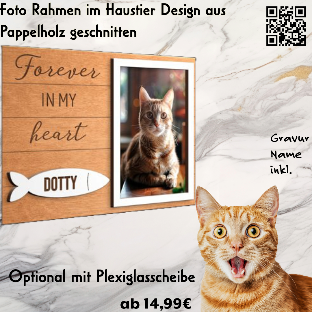Fotorahmen für Katze Haustier Fisch Forever Motiv, Namens Gravur und Ständer inkl.