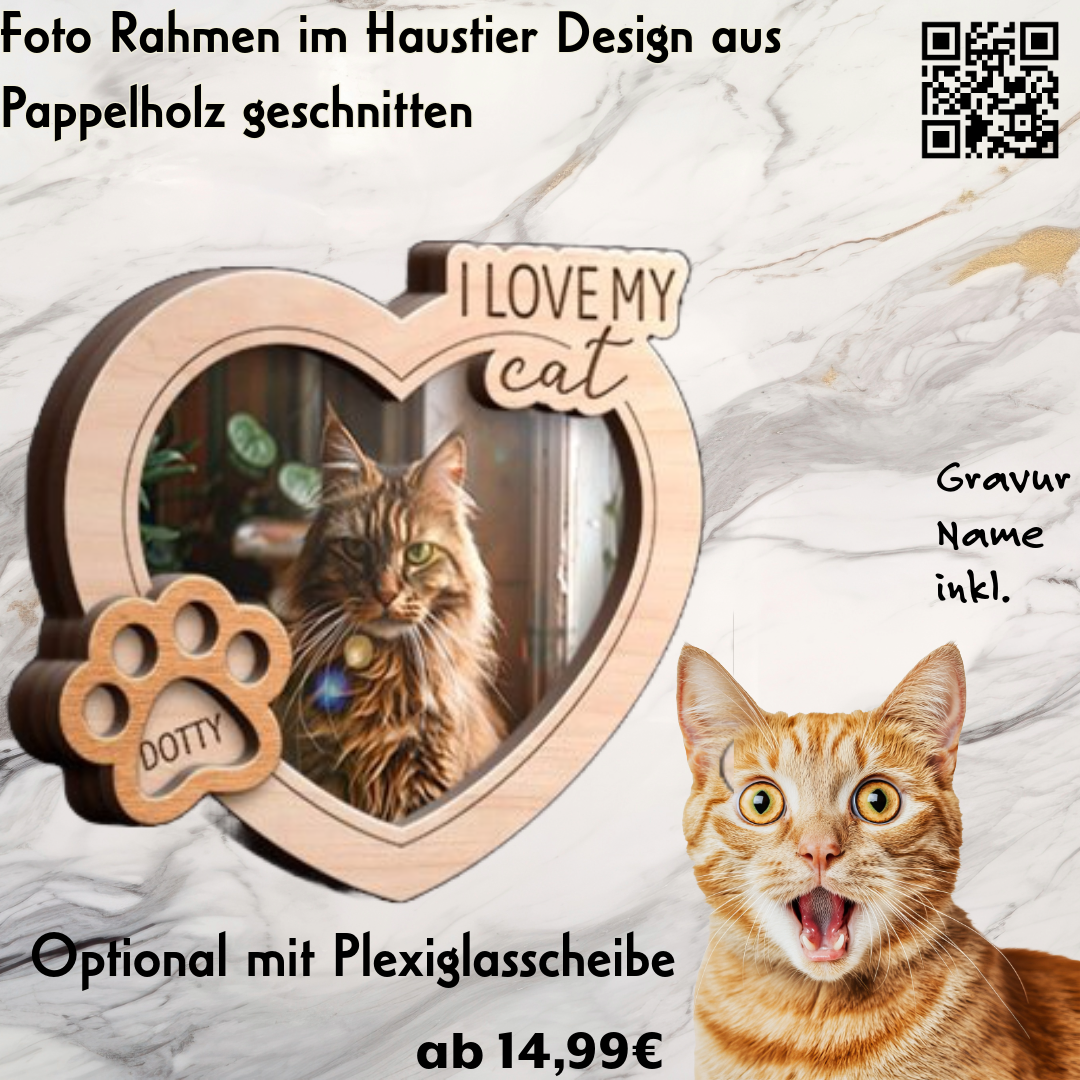 Fotorahmen mit Katzenmotiv, Namens Gravur und Ständer inkl.