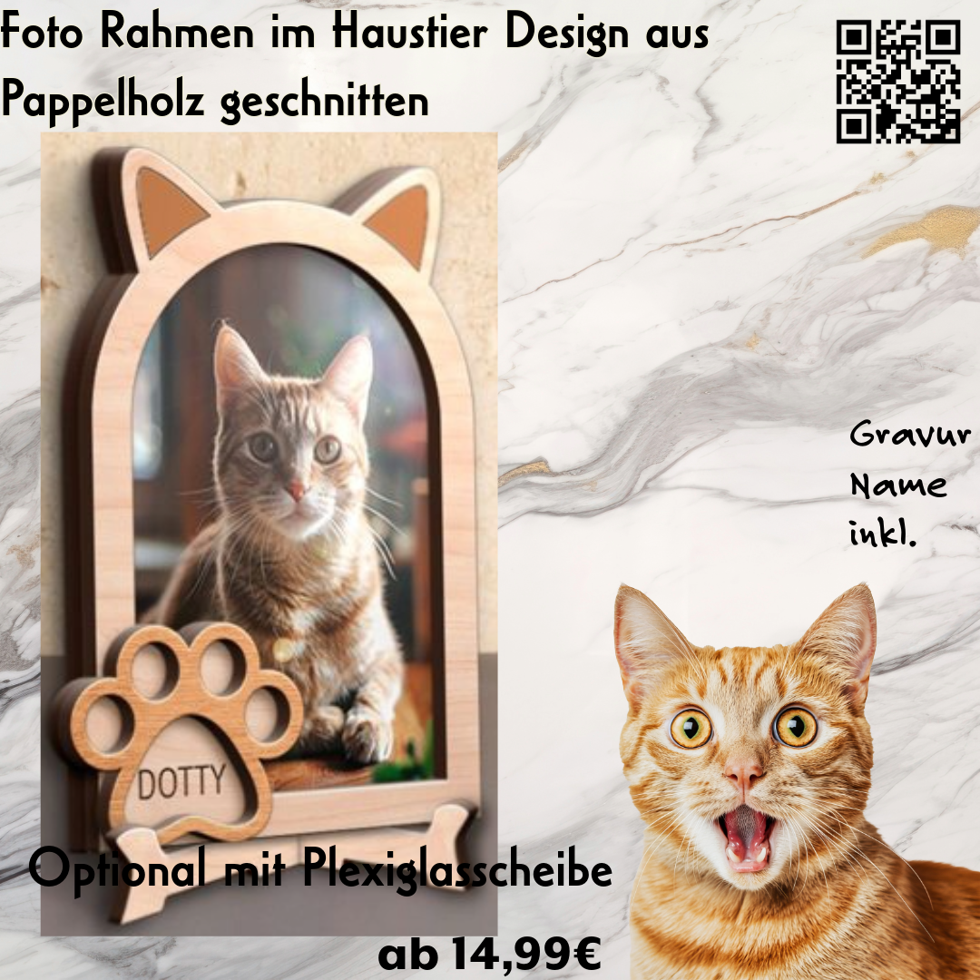 Fotorahmen für Katze Haustier Ohren Pfote Motiv, Namens Gravur und Ständer inkl.