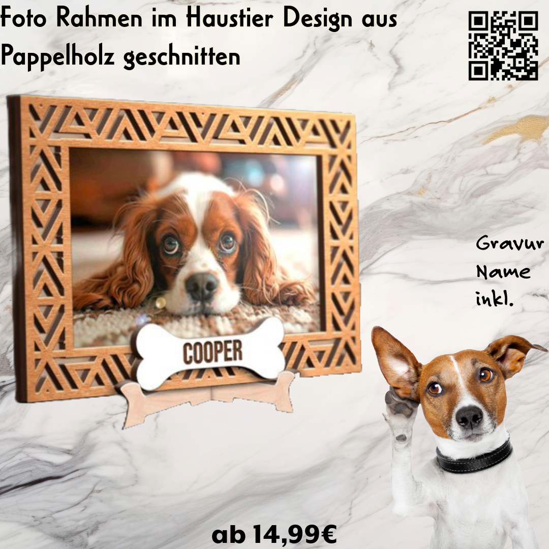 Fotorahmen für Hunde Haustier Knochen Motiv, Namens Gravur und Ständer inkl.