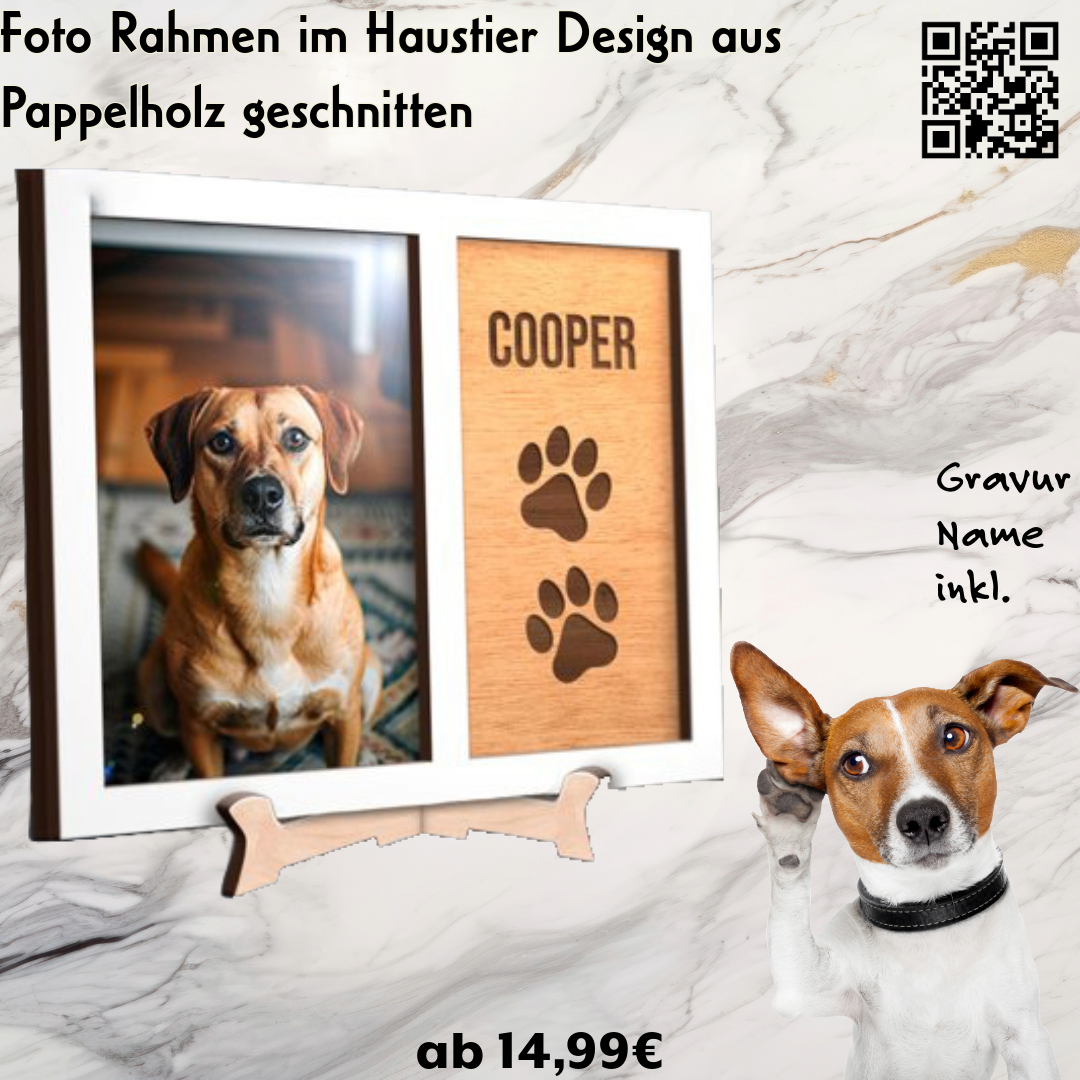 Fotorahmen für Hunde Haustier Pfote Motiv, Namens Gravur und Ständer inkl.
