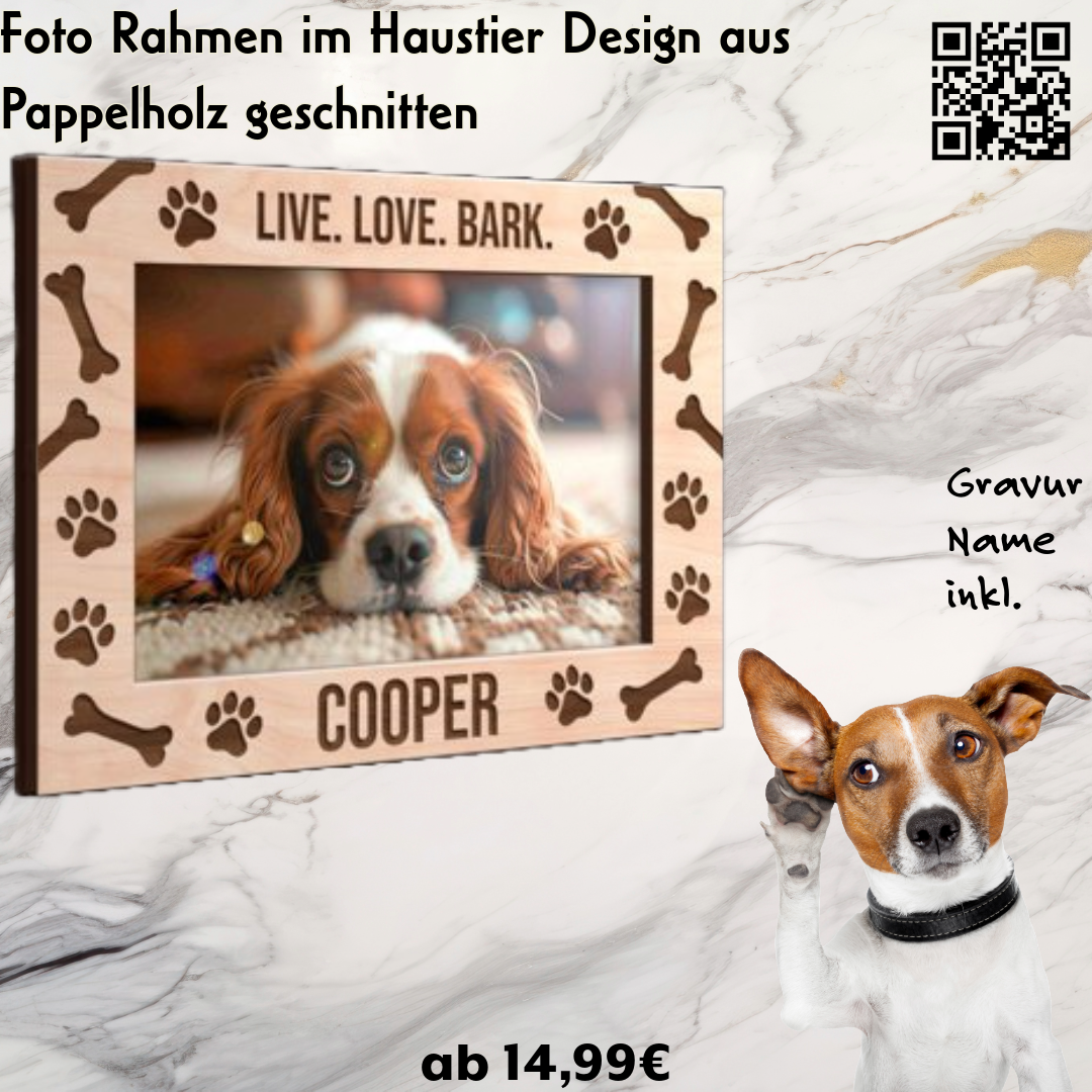 Fotorahmen für Hunde Haustier Pfote Motiv, Namens Gravur und Ständer inkl.