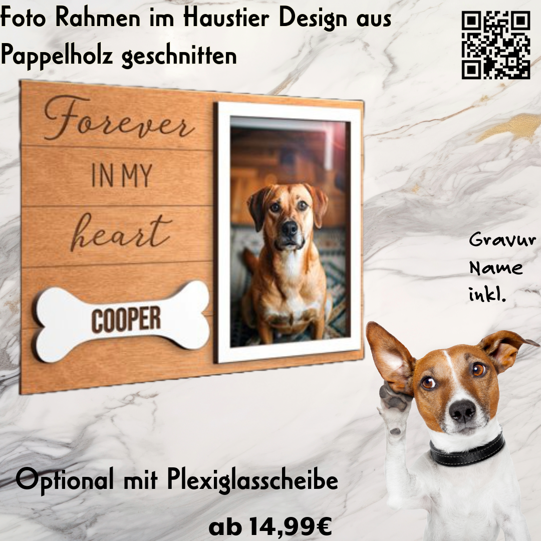 Fotorahmen für Hunde Haustier Forever Knochen Motiv, Namens Gravur und Ständer inkl.
