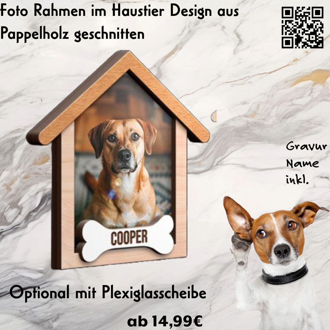 Fotorahmen für Hunde Haustier Hundehütte Motiv, Namens Gravur und Ständer inkl.