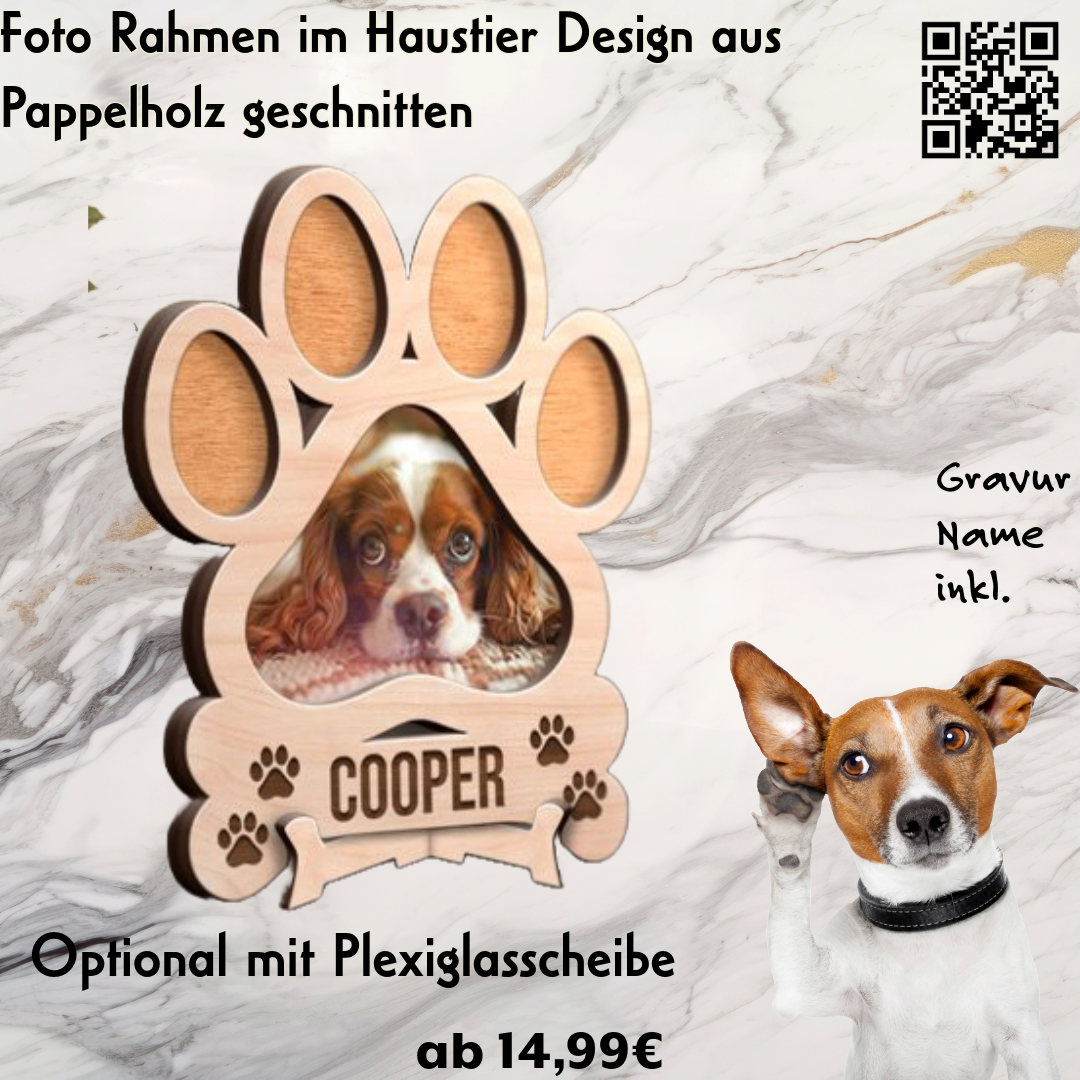 Fotorahmen für Hunde Haustier Große Pfote Motiv, Namens Gravur und Ständer inkl.
