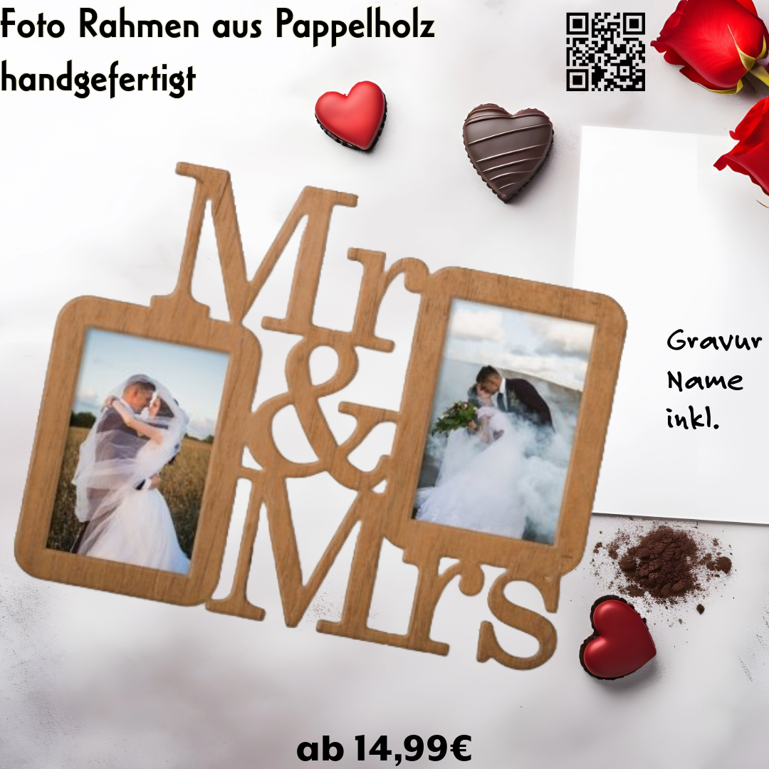 Mr & Mrs Fotorahmen für Verliebte Verheiratete, Namens Gravur inkl.