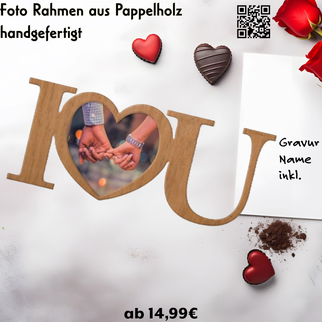 I love U Fotorahmen für Verliebte Verheiratete Andenken Erinnerung, Namens Gravur inkl.