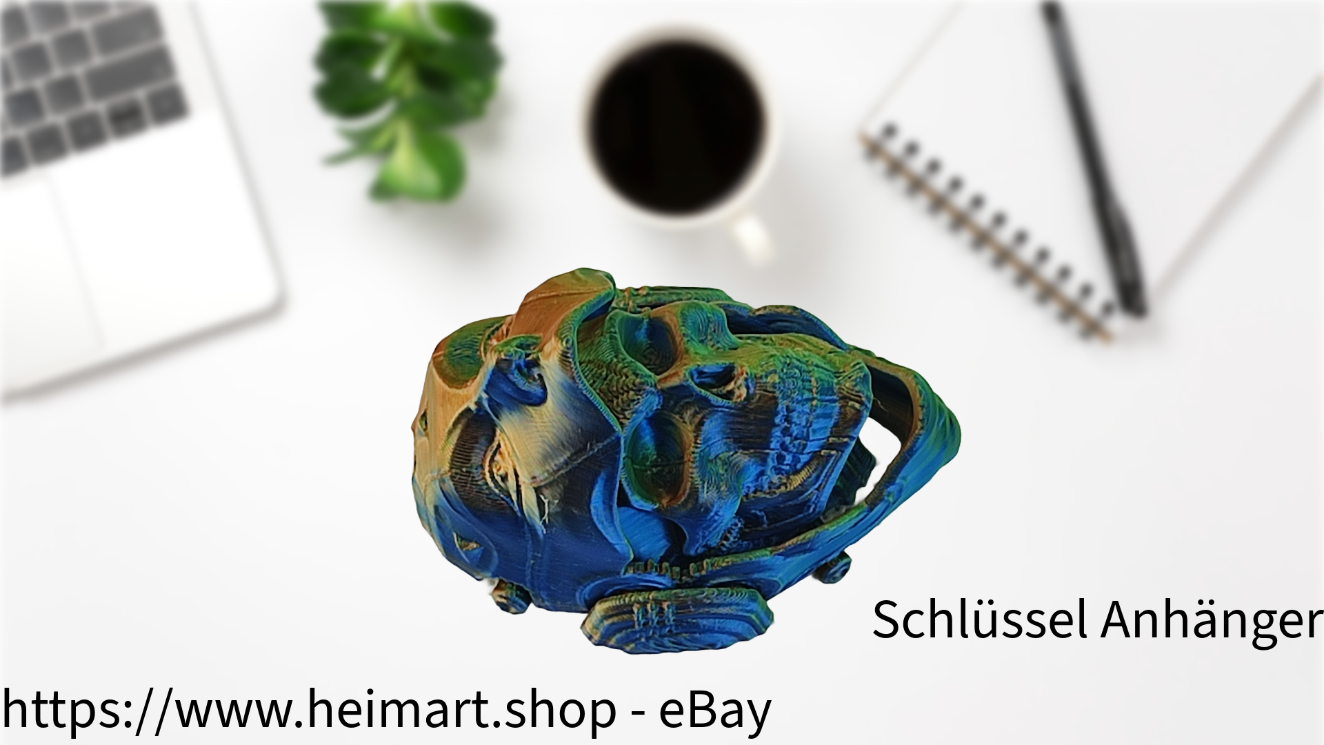 Schlüssel Anhänger - Skulldroid - mechanisch für Auto Rückspiegel , Schlüssel, Rucksack, etc. in Blau-Grün-Orange
