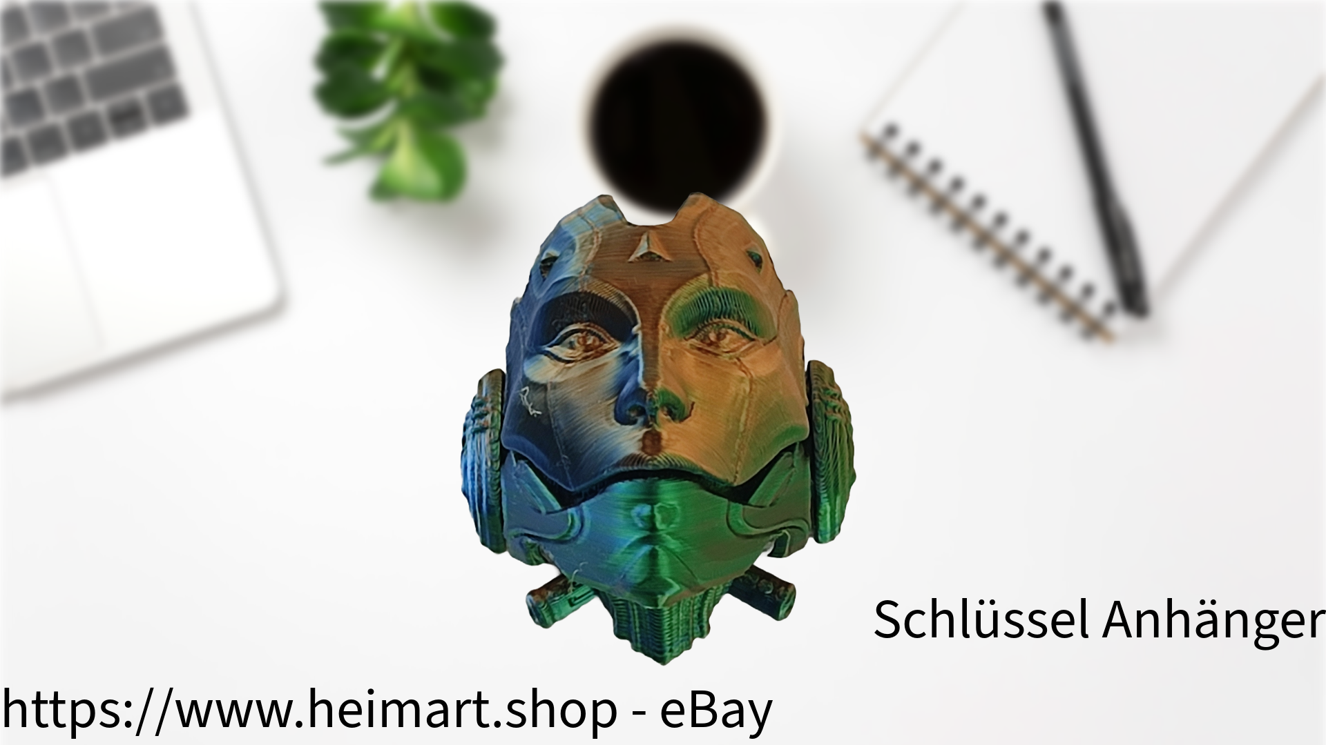 Schlüssel Anhänger - Skulldroid - mechanisch für Auto Rückspiegel , Schlüssel, Rucksack, etc. in Blau-Grün-Orange