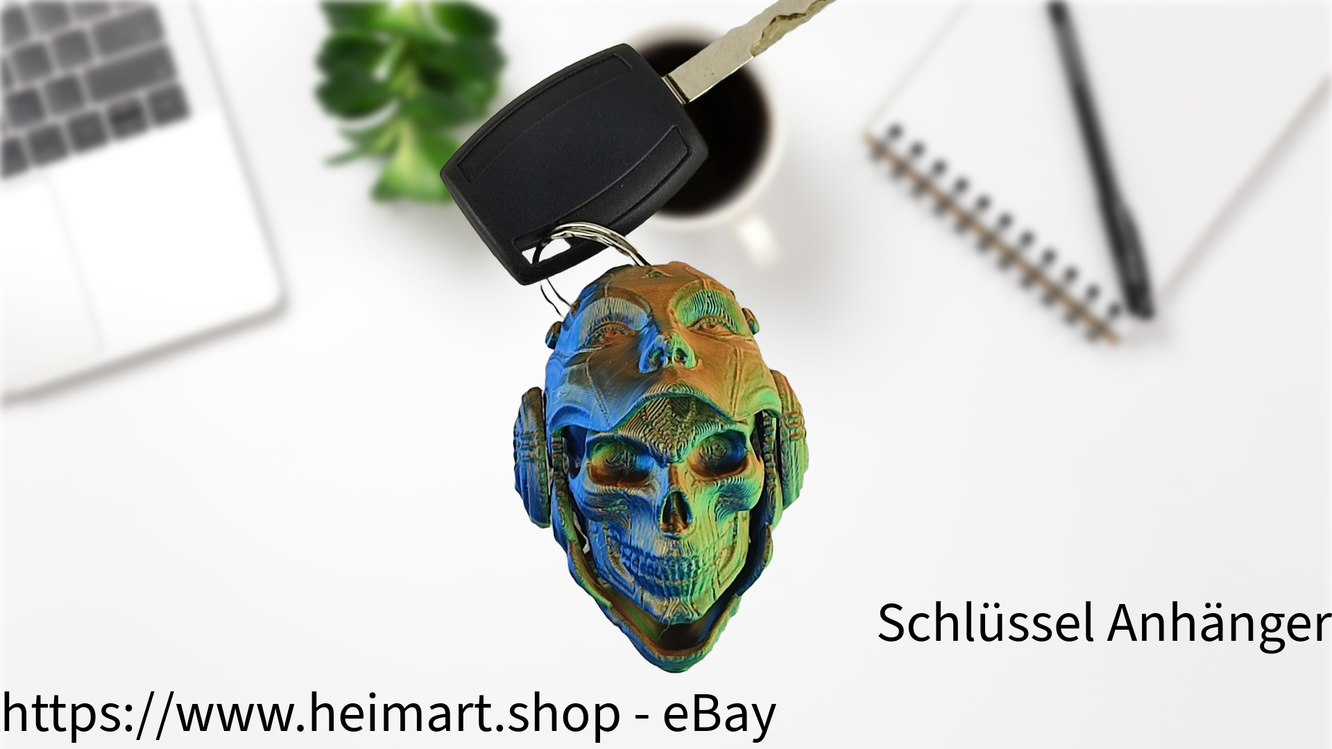 Schlüssel Anhänger - Skulldroid - mechanisch für Auto Rückspiegel , Schlüssel, Rucksack, etc. in Blau-Grün-Orange