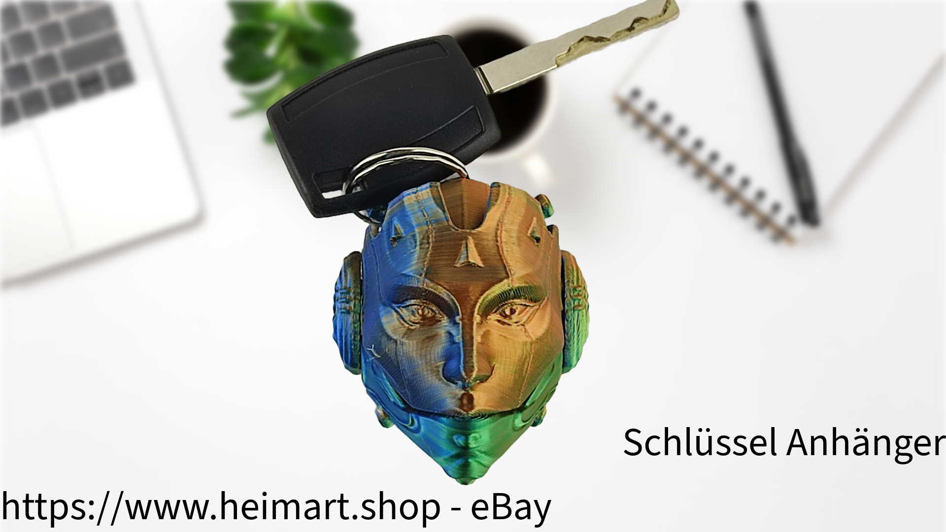 Schlüssel Anhänger - Skulldroid - mechanisch für Auto Rückspiegel , Schlüssel, Rucksack, etc. in Blau-Grün-Orange