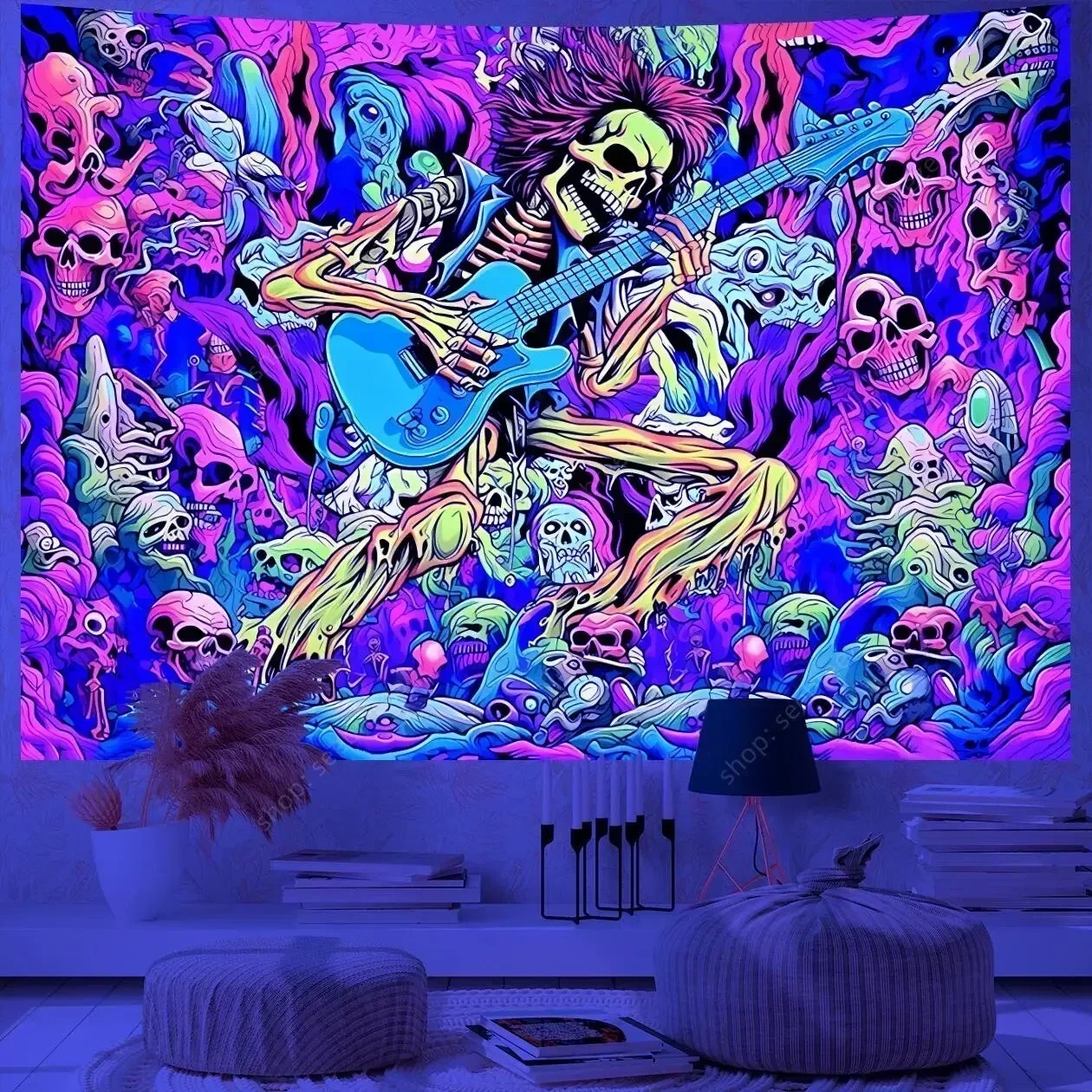 Psychedelischer Totenkopf Wandteppich – UV‑reaktiv, Hippie Skelett, Gothic Wandbehang, Neon Raumdeko, Hexerei & Boho Kunst