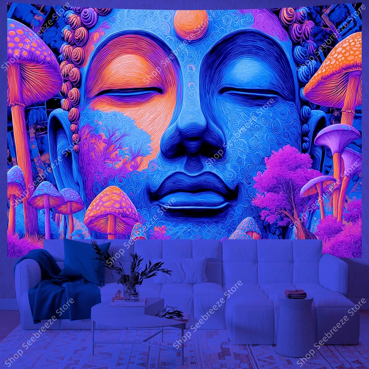 Meditativer Buddha UV‑Wandteppich – Heilige Spiralen & Leuchtende Pilze, Boho Yoga Wandbehang, Spirituelle Raumdeko