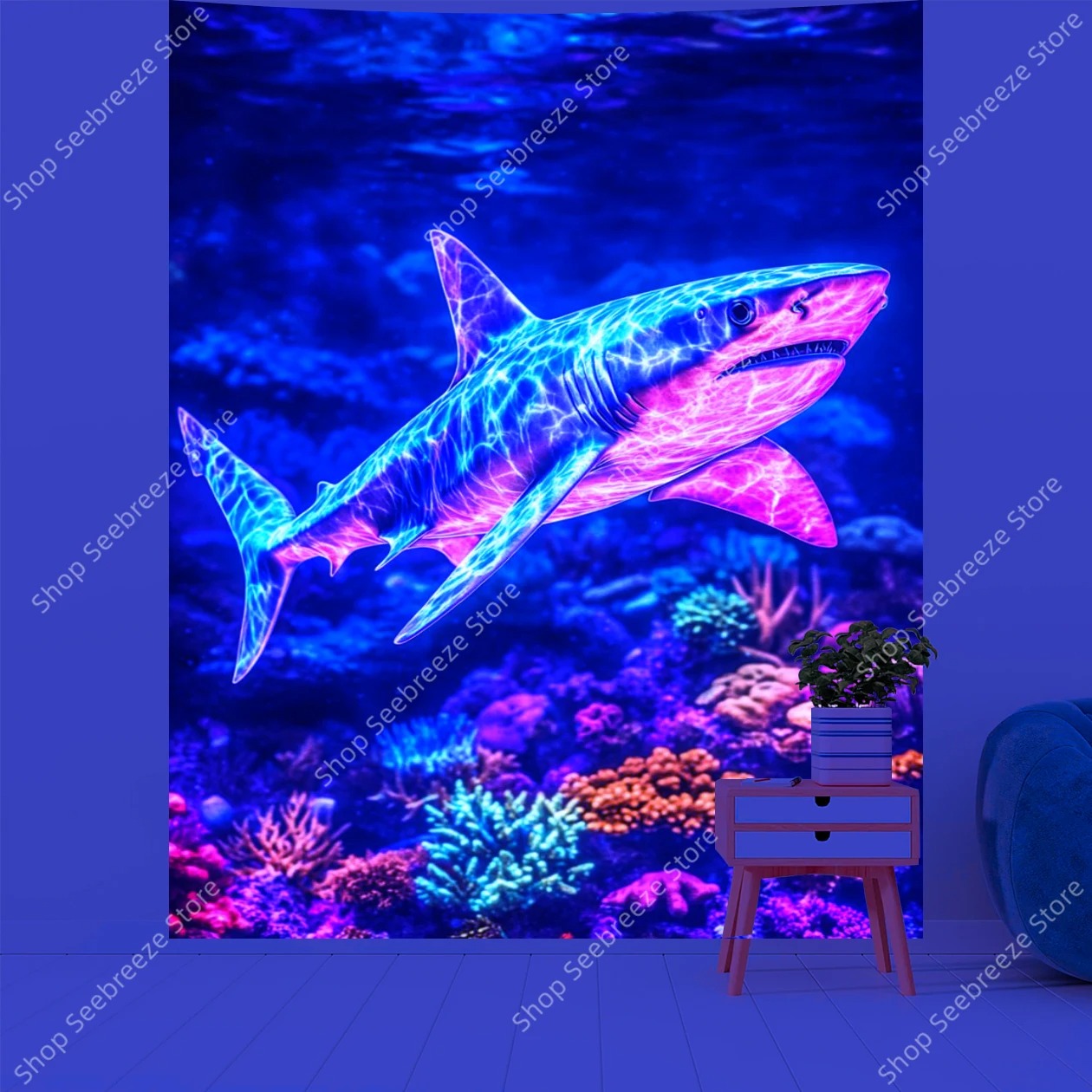 Psychedelischer Hai Wandteppich – UV‑reaktiv, Neon Wandbehang, Trippy Tapestry, Hippie Raumdeko, Strandtuch