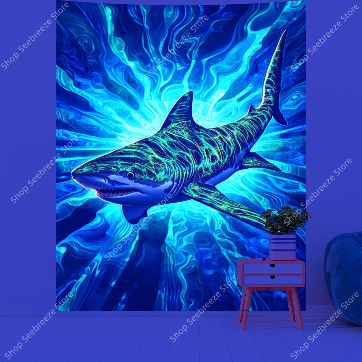 Psychedelischer Hai Wandteppich – UV‑reaktiv, Neon Wandbehang, Trippy Tapestry, Hippie Raumdeko, Strandtuch