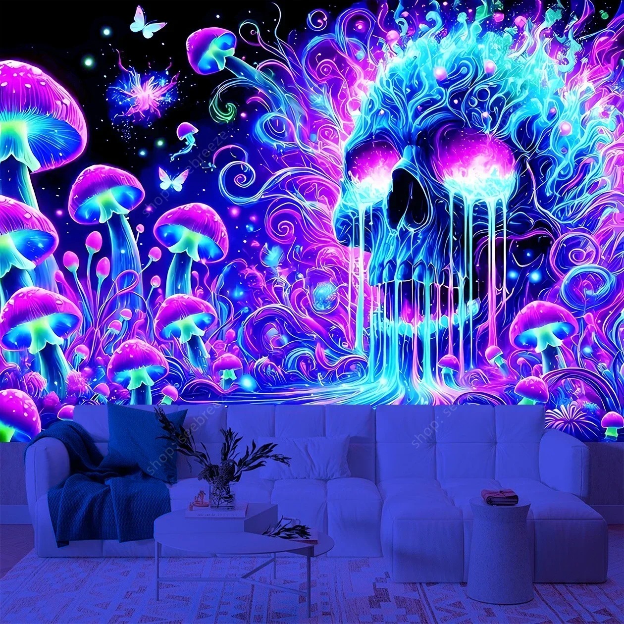 Psychedelischer Totenkopf Wandteppich – UV‑reaktiv, Hippie Skelett, Gothic Wandbehang, Neon Raumdeko, Hexerei & Boho Kunst