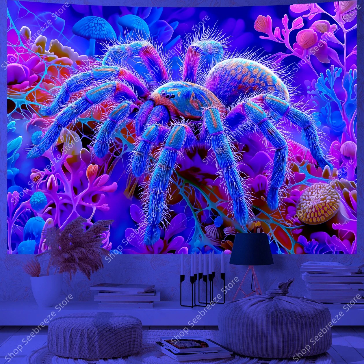 Leuchtende Tarantel – Mystischer UV‑Wandteppich für ein außergewöhnliches Ambiente
