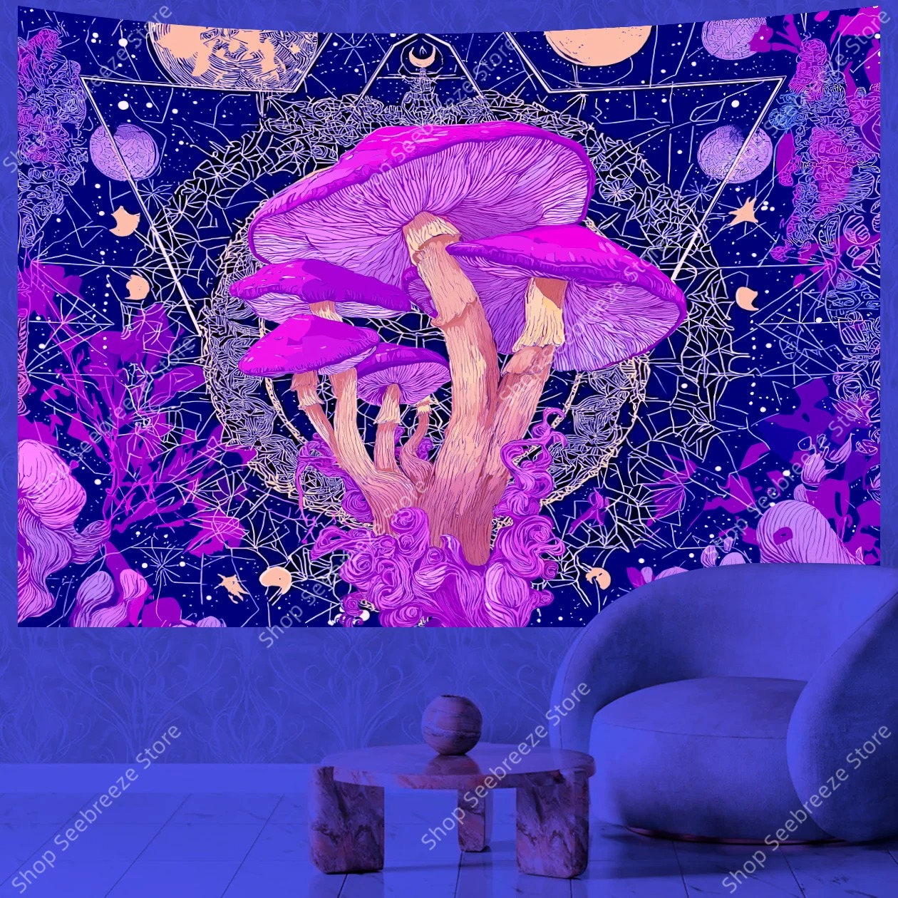 Psychedelischer UV‑Pilz – Mystischer Wandteppich für ein magisches Raumgefühl