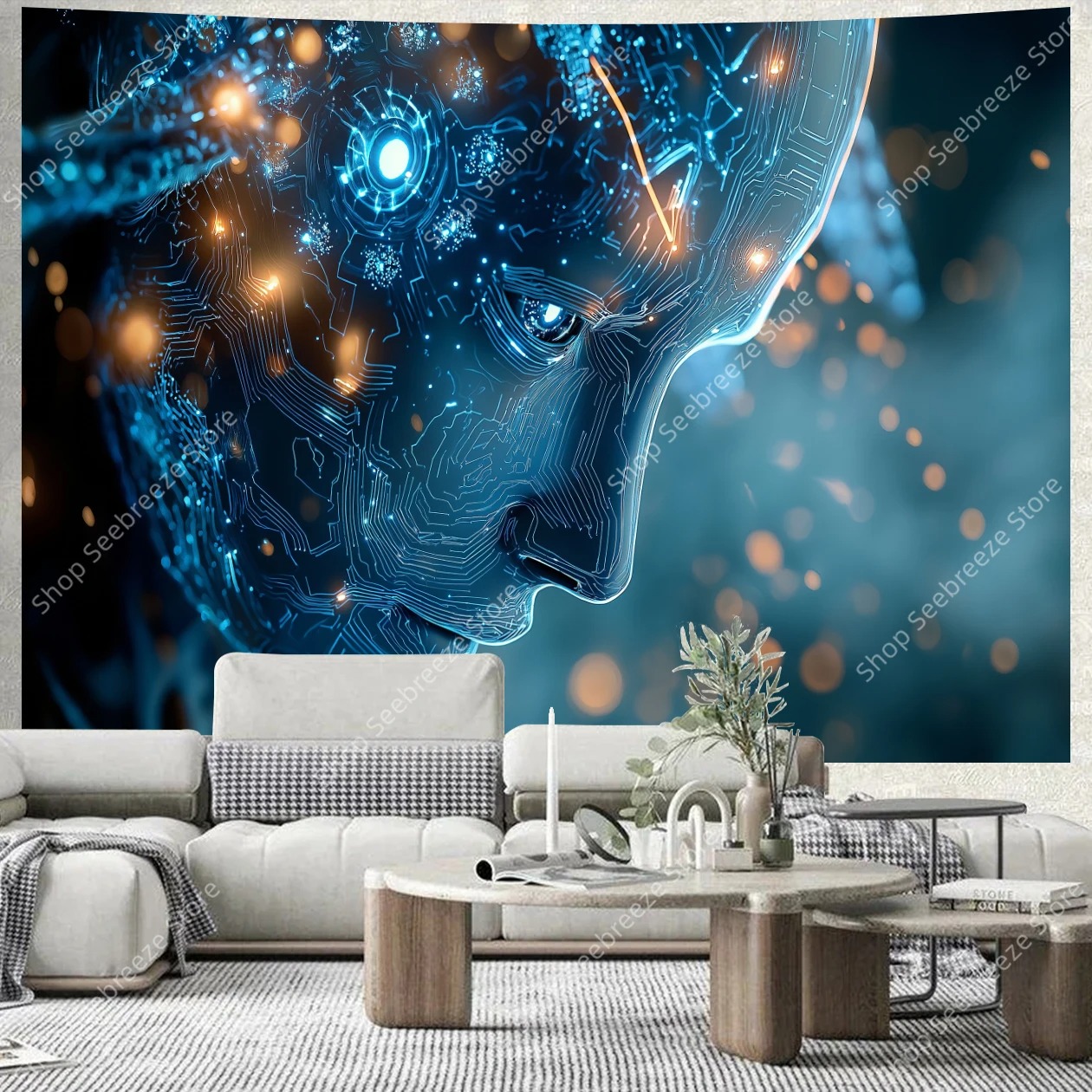 Cyber Punk Humanoid Glow Tech – Futuristischer Wandteppich für moderne Räume