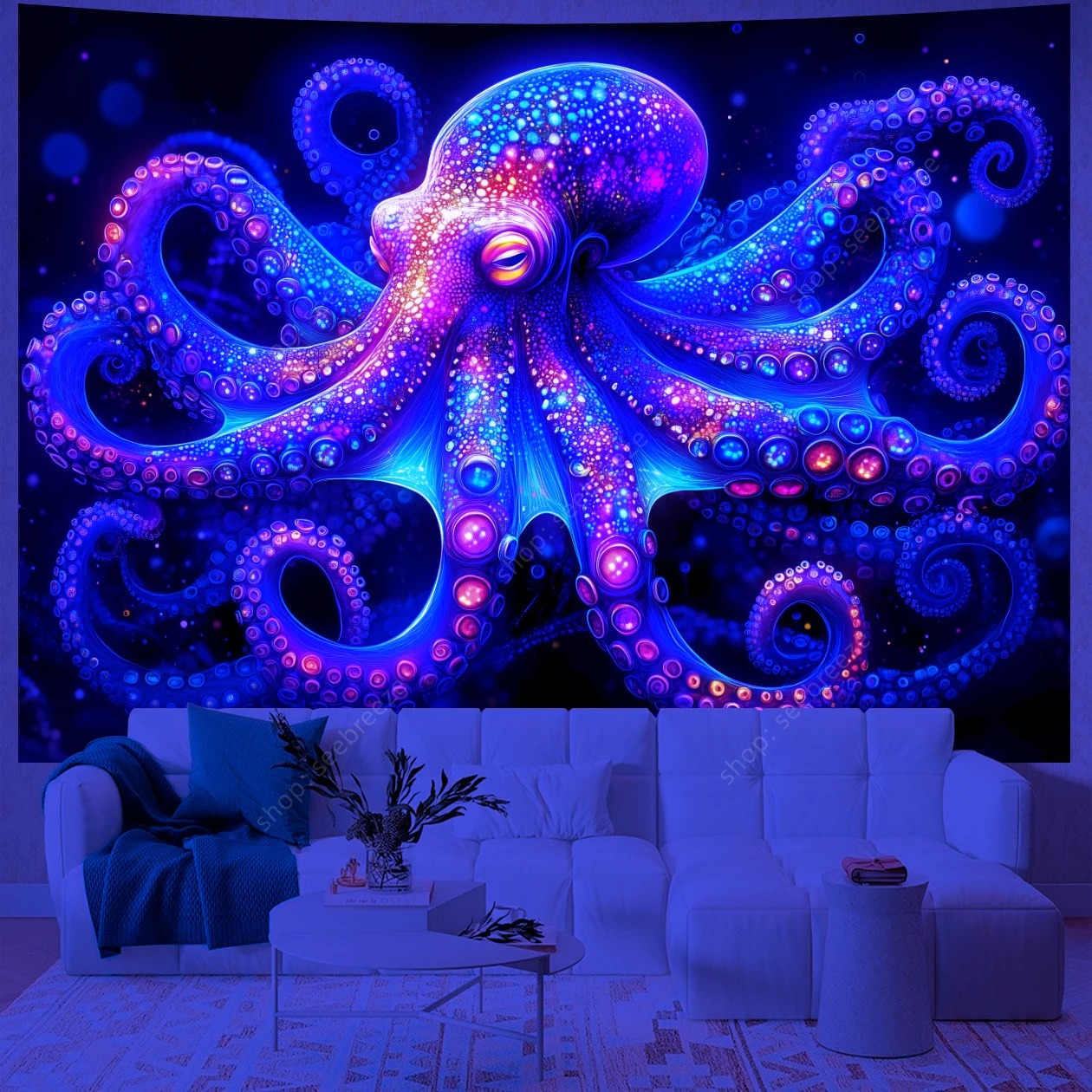 Psychedelischer Oktopus Wandteppich – UV‑reaktiv, Neon Wandbehang, Trippy Tapestry, Raumdeko für Schlafzimmer & Wohnzimmer