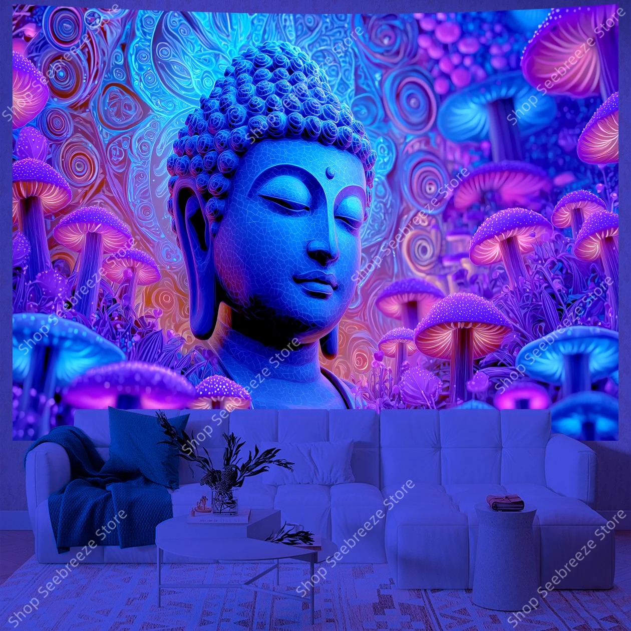 Meditativer Buddha UV‑Wandteppich – Heilige Spiralen & Leuchtende Pilze, Boho Yoga Wandbehang, Spirituelle Raumdeko