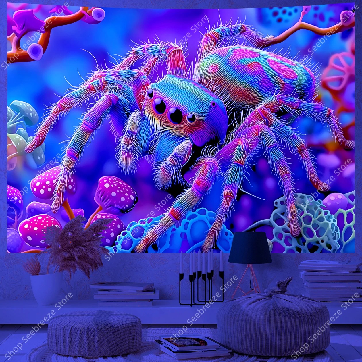 Leuchtende Tarantel – Mystischer UV‑Wandteppich für ein außergewöhnliches Ambiente