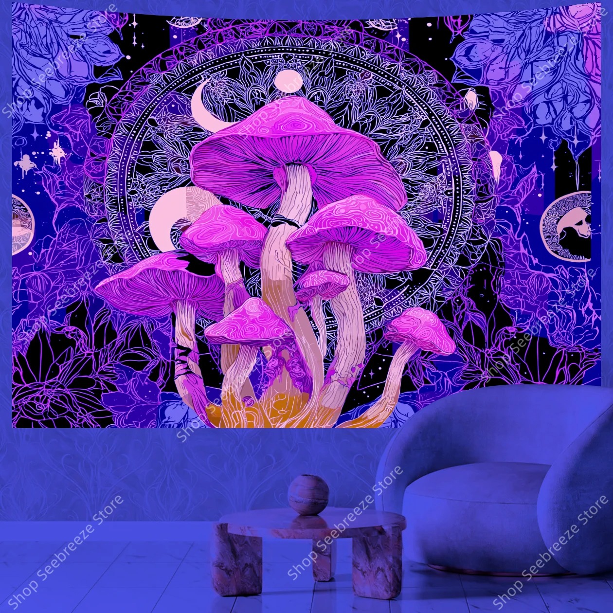 Psychedelischer UV‑Pilz – Mystischer Wandteppich für ein magisches Raumgefühl