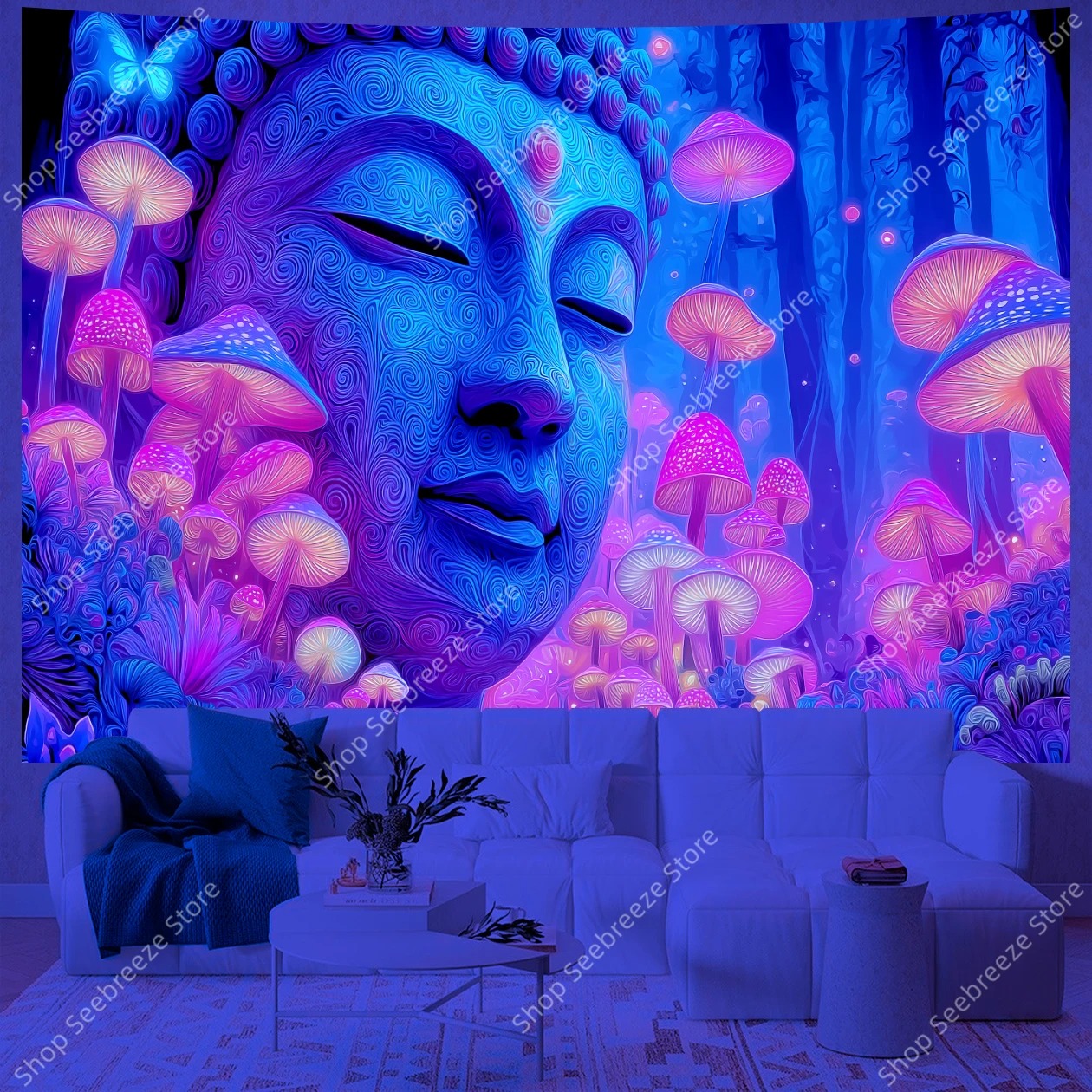 Meditativer Buddha UV‑Wandteppich – Heilige Spiralen & Leuchtende Pilze, Boho Yoga Wandbehang, Spirituelle Raumdeko