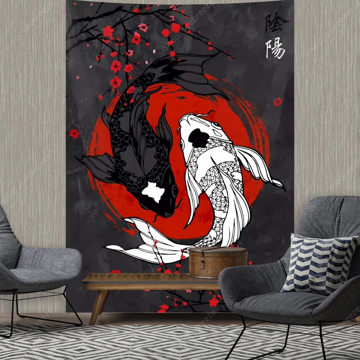 Japanischer Yin‑Yang Koi – Harmonischer Wandteppich in Rot & Schwarz