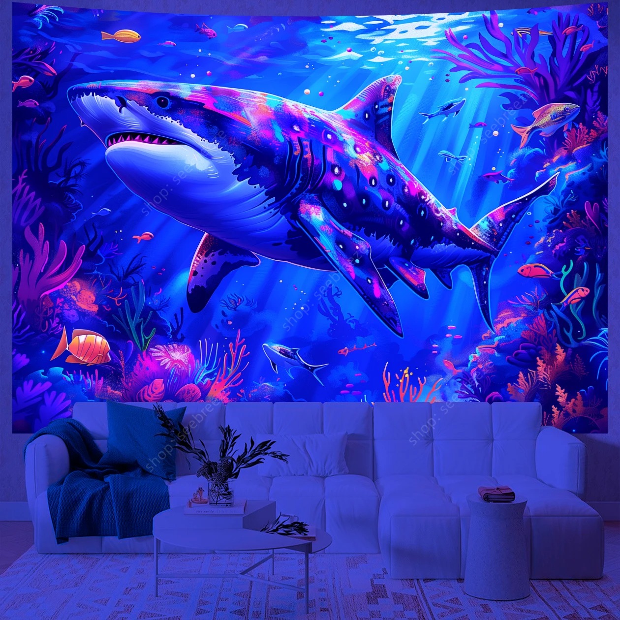 Psychedelischer Hai Wandteppich – UV‑reaktiv, Neon Wandbehang, Trippy Tapestry, Hippie Raumdeko, Strandtuch