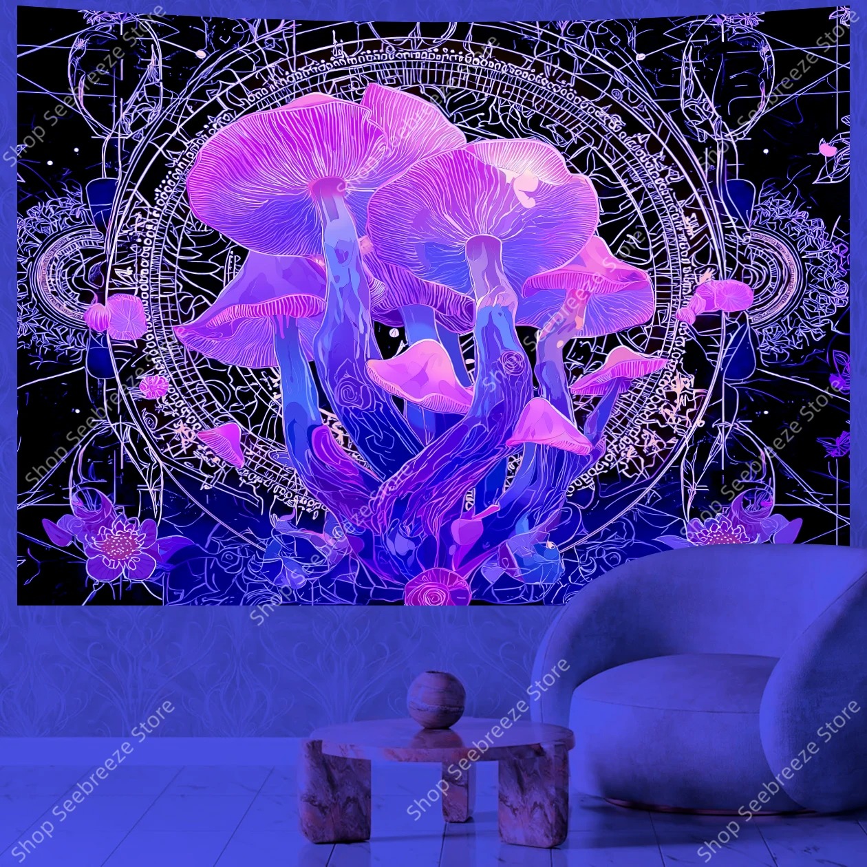 Psychedelischer UV‑Pilz – Mystischer Wandteppich für ein magisches Raumgefühl