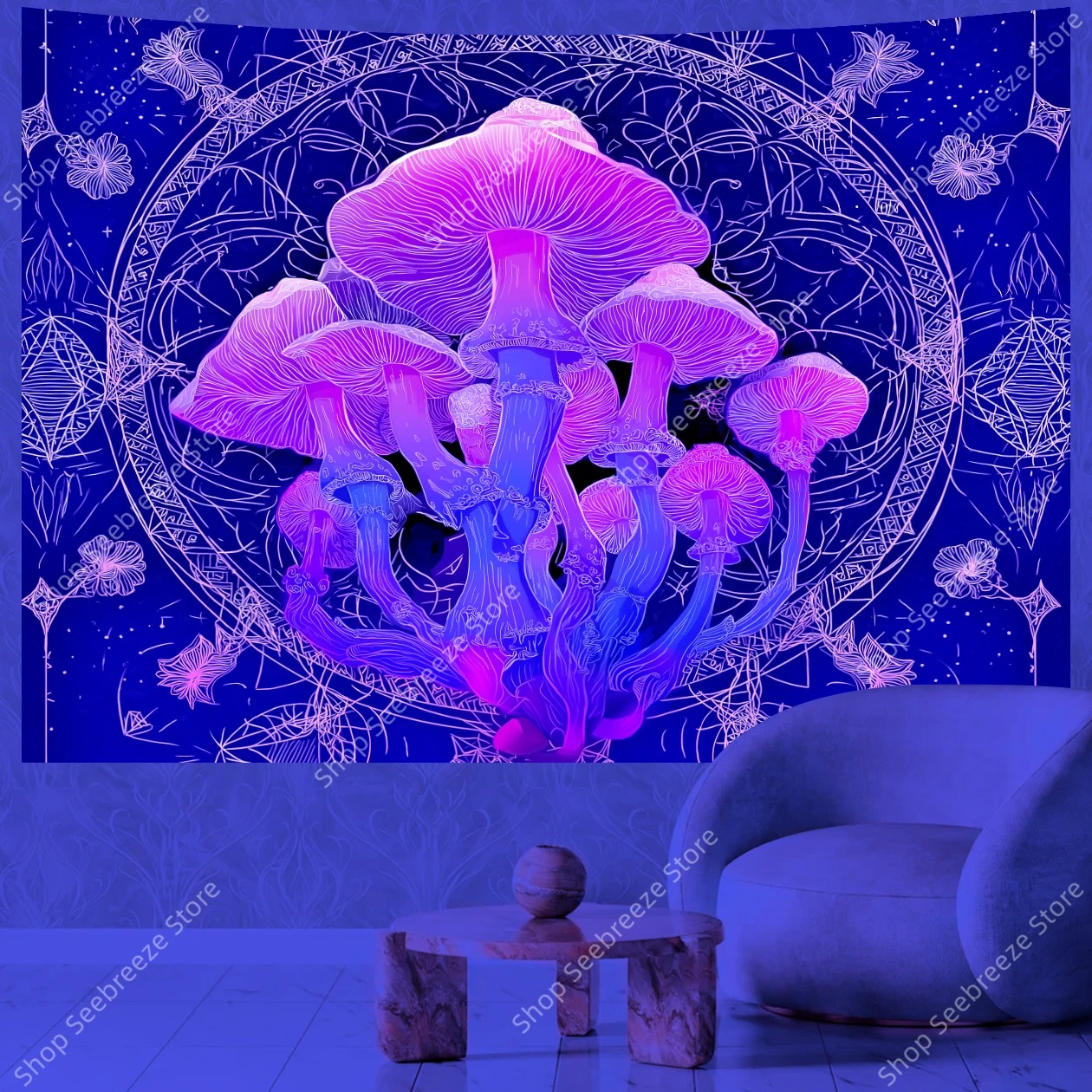 Psychedelischer UV‑Pilz – Mystischer Wandteppich für ein magisches Raumgefühl