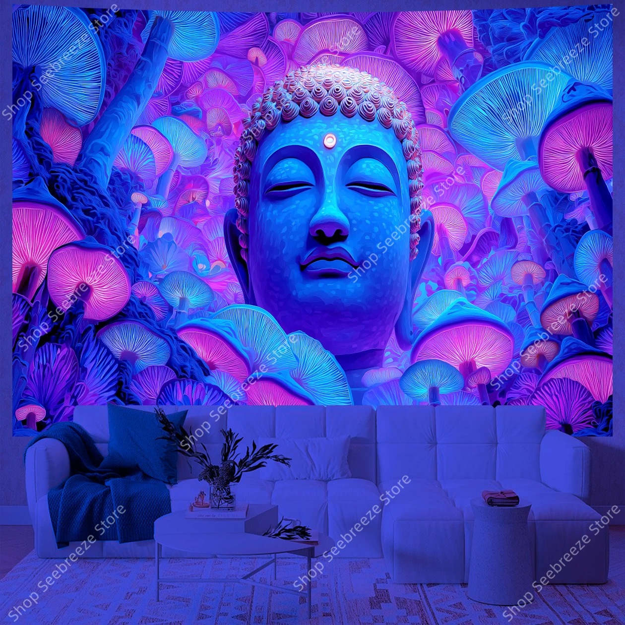 Meditativer Buddha UV‑Wandteppich – Heilige Spiralen & Leuchtende Pilze, Boho Yoga Wandbehang, Spirituelle Raumdeko