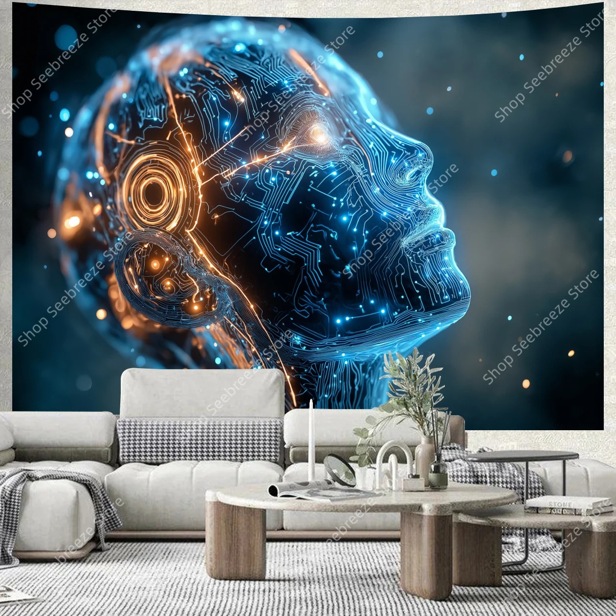 Cyber Punk Humanoid Glow Tech – Futuristischer Wandteppich für moderne Räume