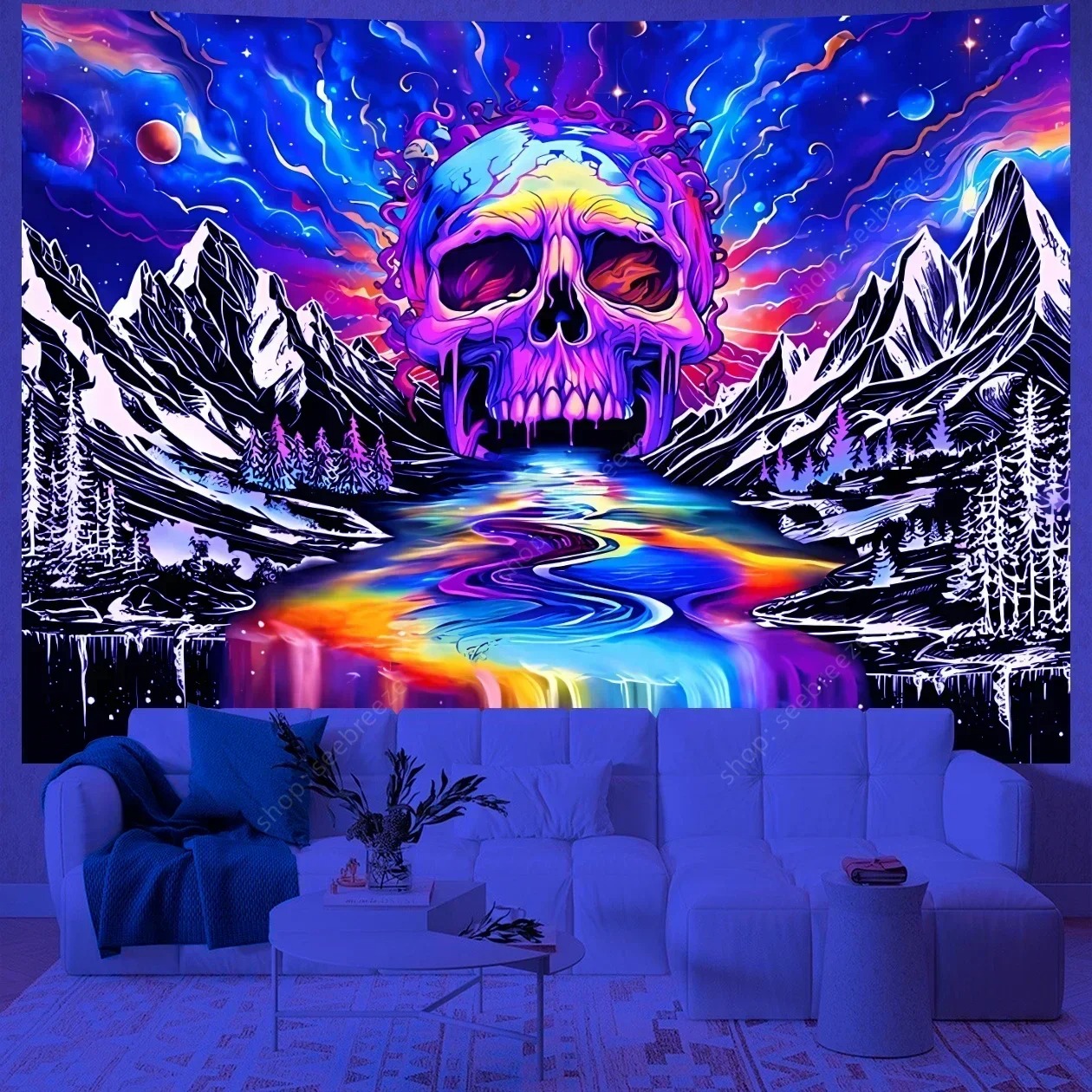Psychedelischer Totenkopf Wandteppich – UV‑reaktiv, Hippie Skelett, Gothic Wandbehang, Neon Raumdeko, Hexerei & Boho Kunst