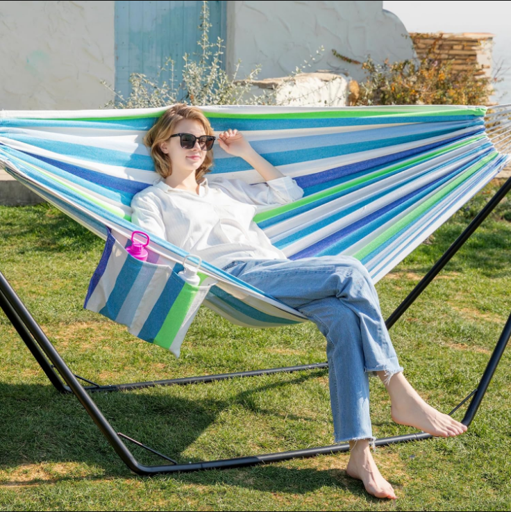 Double Hammock with Stand for Outside, Stable V-Shape Steel Stand, Comfortable Pillow, Convenient Sidebag, Max 450 lbs Capacity (Sky)