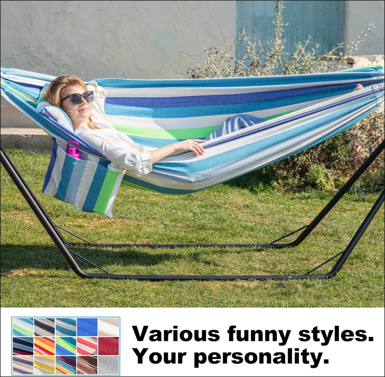 Double Hammock with Stand for Outside, Stable V-Shape Steel Stand, Comfortable Pillow, Convenient Sidebag, Max 450 lbs Capacity (Sky)