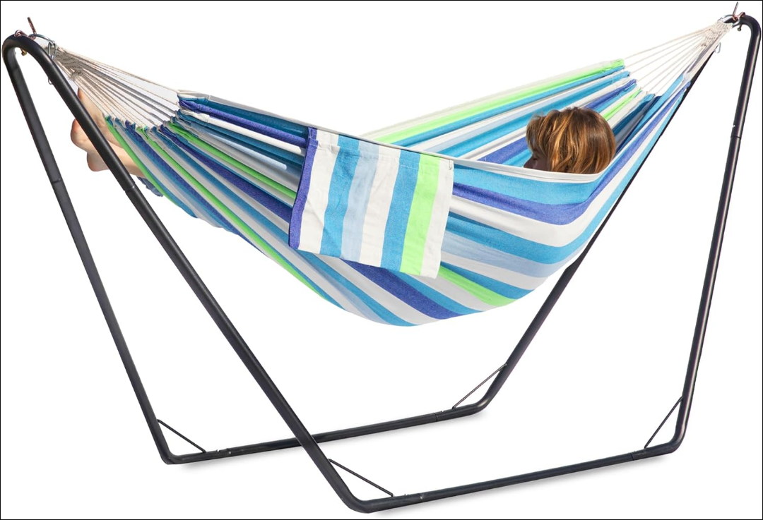 Double Hammock with Stand for Outside, Stable V-Shape Steel Stand, Comfortable Pillow, Convenient Sidebag, Max 450 lbs Capacity (Sky)