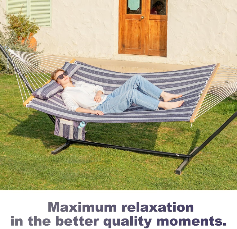 2 Person Hammock with Stand for Outside, Heavy Duty Steel Stand, Double 55inch Hammocks, Large Removable Pillow, Storage Bags, Max 475 lbs Capacity (Mountainside)