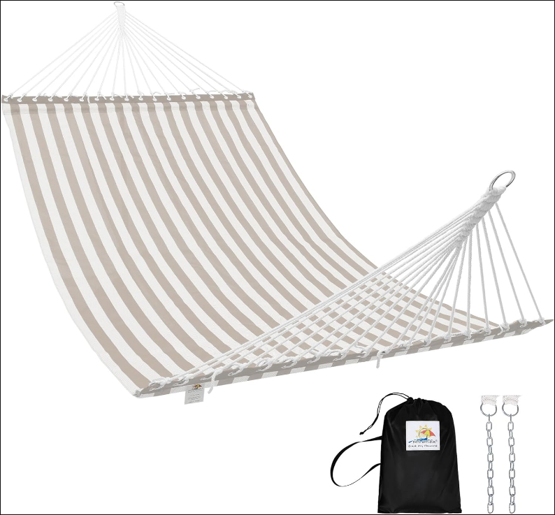 13 FT Double Quick Dry Hammock Folding Concealed Steel Spreader Bar Portable Two Person Hammock for Camping Outdoor Patio Yard Beach，450 lbs Capacity，Beige White