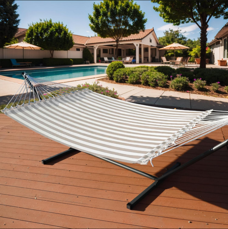 13 FT Double Quick Dry Hammock Folding Concealed Steel Spreader Bar Portable Two Person Hammock for Camping Outdoor Patio Yard Beach，450 lbs Capacity，Beige White