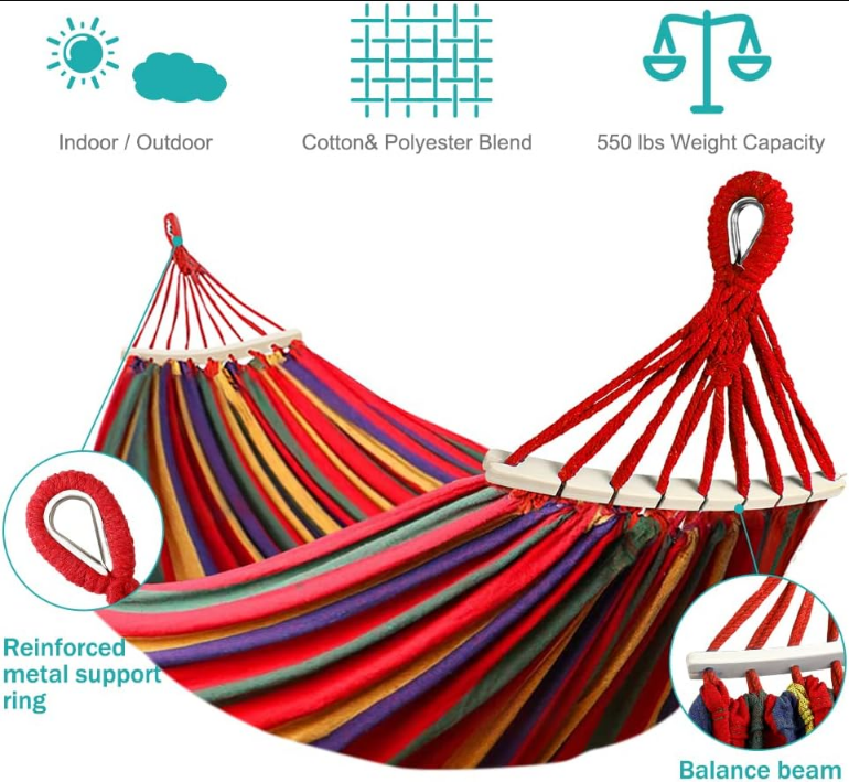 Camping Hammock 550lb Upgraded Thickened 320G Durable Canvas Fabric Single Hammocks with Two Anti Roll Balance Beam and Sturdy Metal Knot Tree Straps for Camping, Patio, Backyard, Outdoor