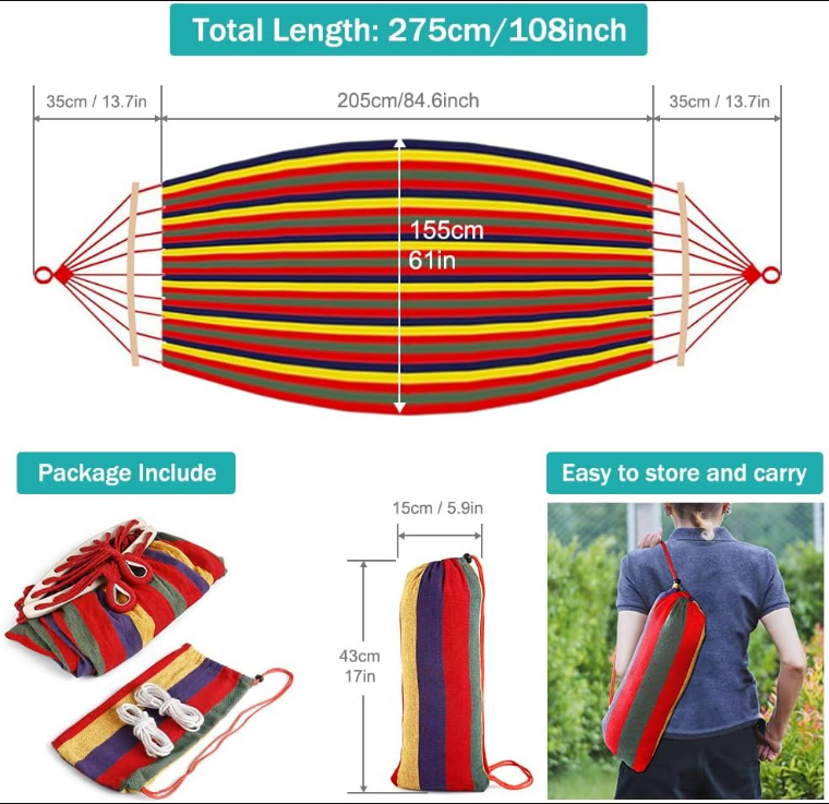 Camping Hammock 550lb Upgraded Thickened 320G Durable Canvas Fabric Single Hammocks with Two Anti Roll Balance Beam and Sturdy Metal Knot Tree Straps for Camping, Patio, Backyard, Outdoor