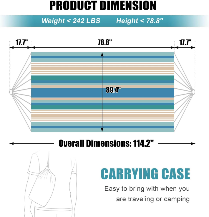 Brazilian Hammock for Single Person, Cotton Hammock Portable Blue Hammock with Carry Bag for Backyard, Porch, Outdoor and Indoor Use Blue & Greens