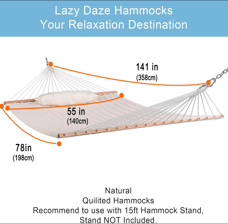 12 FT Double Quilted Fabric Hammock with Spreader Bars and Detachable Pillow, 2 Person Hammock for Outdoor Patio Backyard Poolside, 450 LBS Weight Capacity, Dark Cream