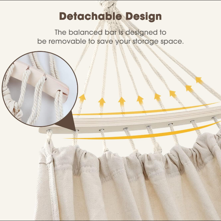 Backyard Hammock with Tassels Max 500lbs Durable Canvas Fabric Bohemian Style with Thickened Rope and Carry Bag for Outdoor, Garden, Patio, Wedding Decor (White)