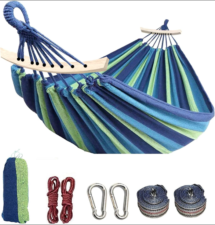 Hammock, Cotton Canvas Hammock Portable Camping Hammock with Carrying Bag Two Anti Roll Balance Beam Metal Carabiner Ropes and Tree Straps for Travel Patio Garden