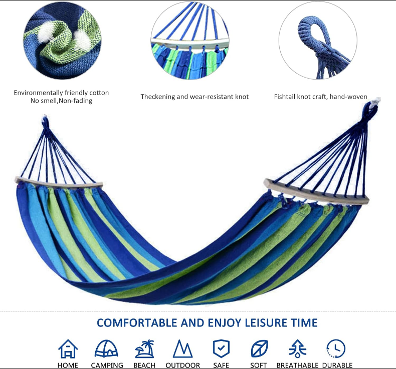 Hammock, Cotton Canvas Hammock Portable Camping Hammock with Carrying Bag Two Anti Roll Balance Beam Metal Carabiner Ropes and Tree Straps for Travel Patio Garden