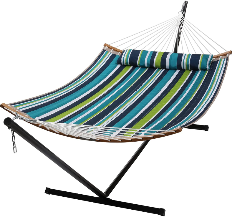 Hammock with Stand, 2 Person Heavy Duty Hammock with Padded Cotton, Detachable Pillow & Strong Curved-Bar & Portable Carrying Bag, Perfect for Outdoor & Indoor - Dark Cyan