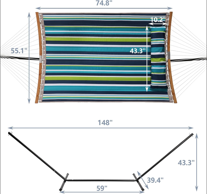 Hammock with Stand, 2 Person Heavy Duty Hammock with Padded Cotton, Detachable Pillow & Strong Curved-Bar & Portable Carrying Bag, Perfect for Outdoor & Indoor - Dark Cyan